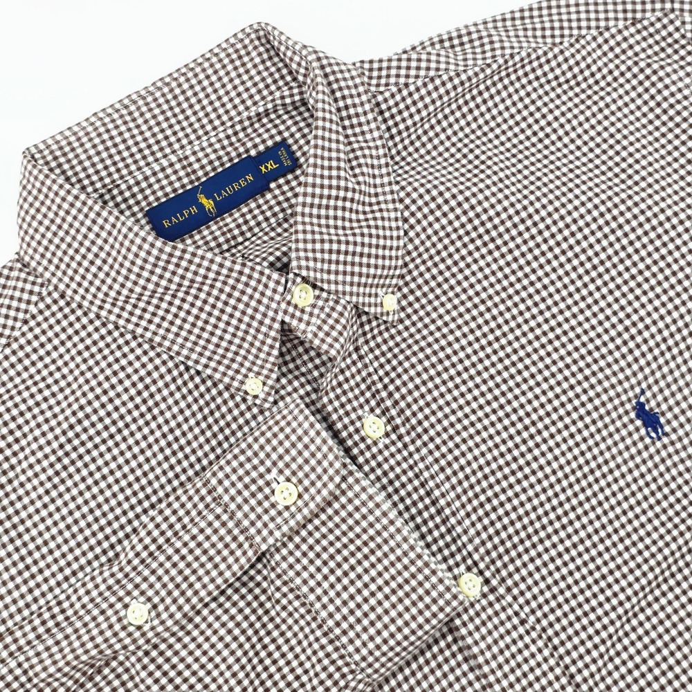 Ralph Lauren Mens XXL Gingham Button Down Shirt Brown White Long Sleeve Cotton